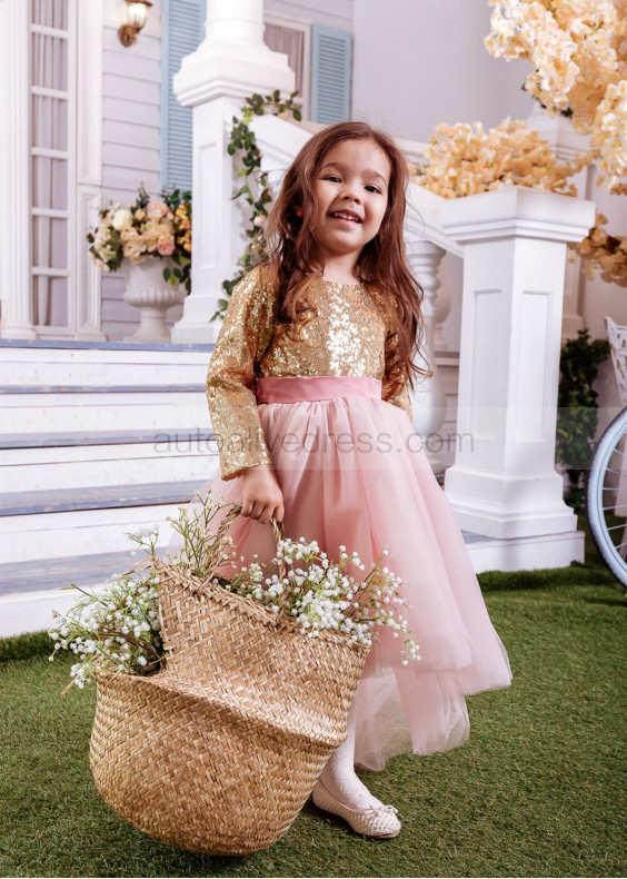 Long Sleeves Gold Sequin Pink Tulle Sparkling Flower Girl Dress